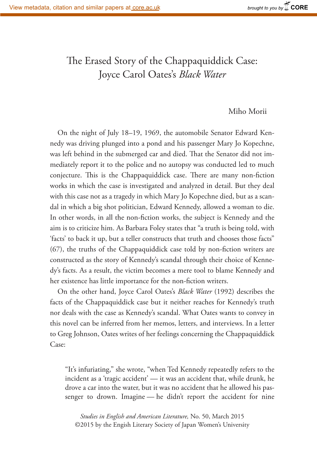 The Erased Story of the Chappaquiddick Case: Joyce Carol Oates's Black Water
