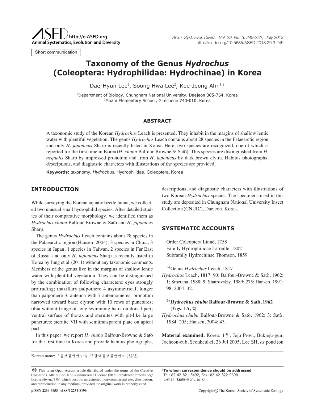 Taxonomy of the Genus Hydrochus (Coleoptera: Hydrophilidae: Hydrochinae) in Korea