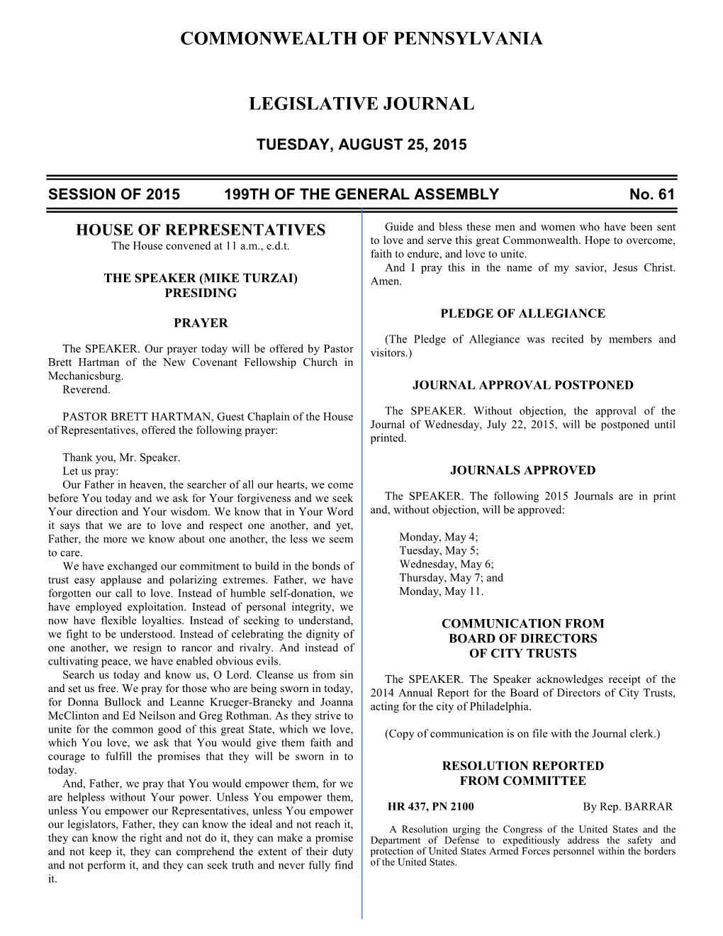 Commonwealth of Pennsylvania Legislative Reference Bureau to Override the Governor's General Veto of House Bill 1192, Printer's