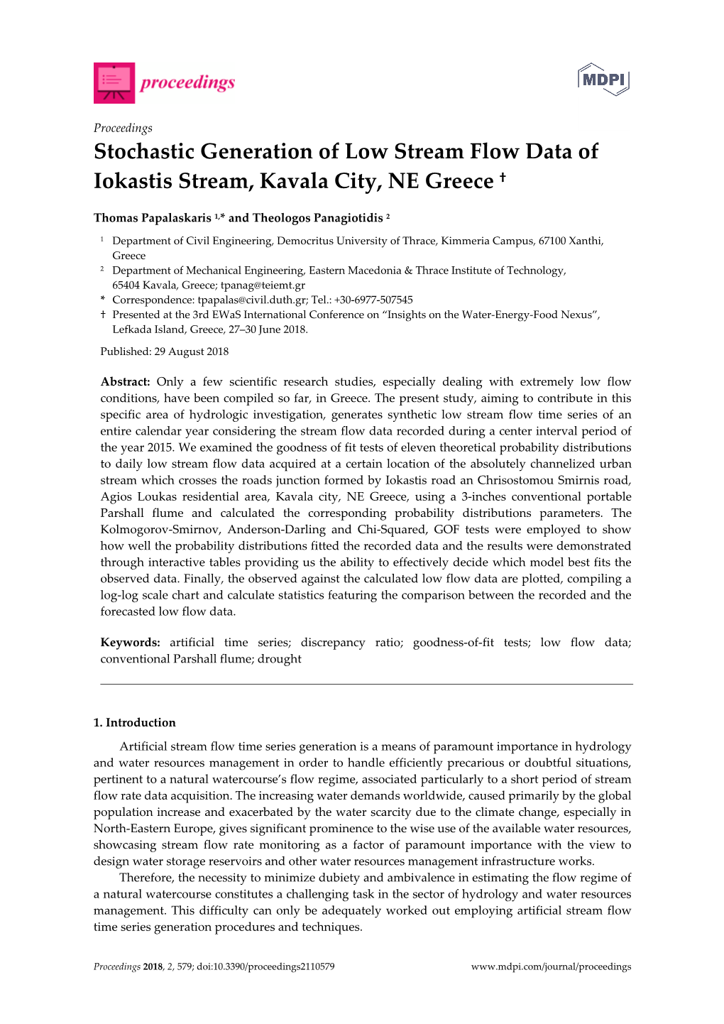Stochastic Generation of Low Stream Flow Data of Iokastis Stream, Kavala City, NE Greece †