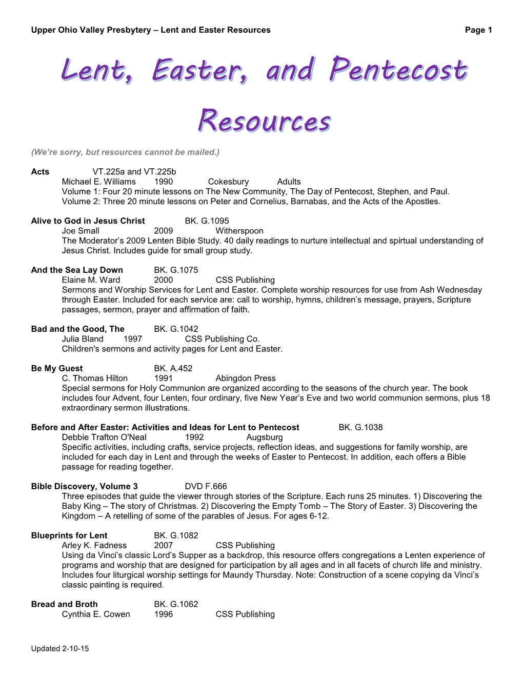 Upper Ohio Valley Presbytery – Lent and Easter Resources Page 1