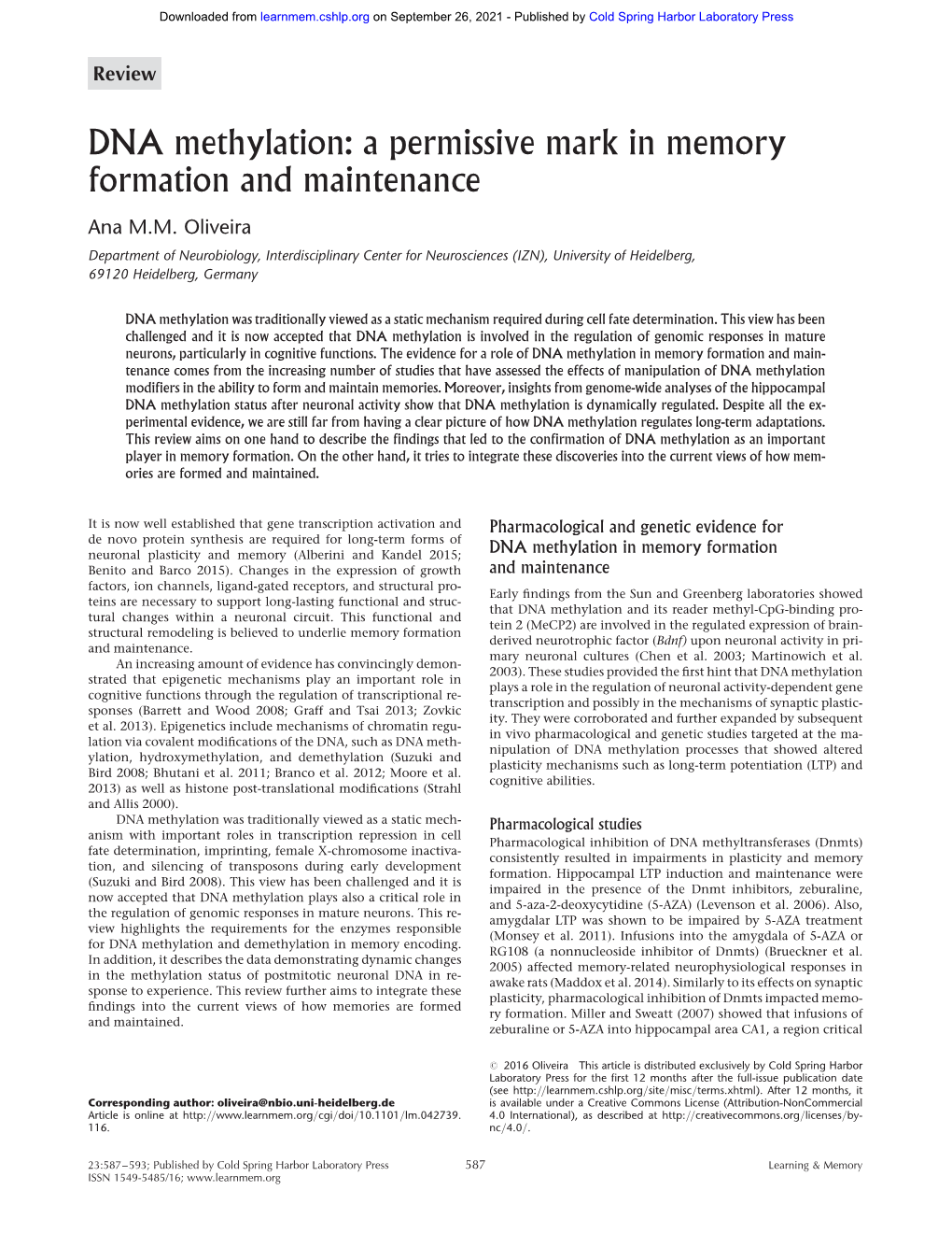 DNA Methylation: a Permissive Mark in Memory Formation and Maintenance