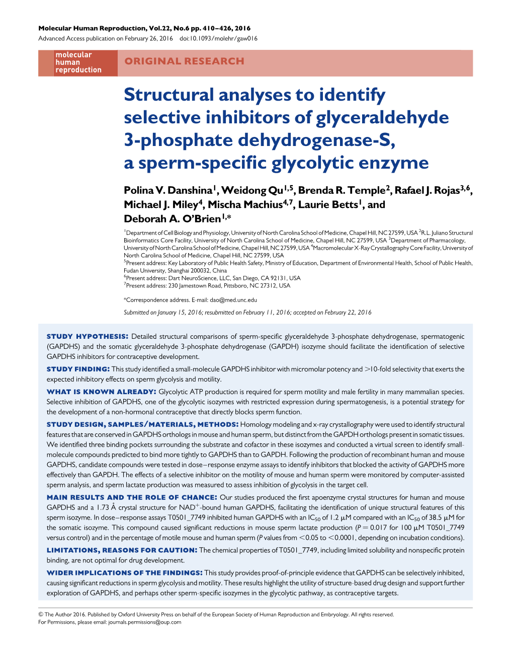 Structural Analyses to Identify Selective Inhibitors of Glyceraldehyde 3-Phosphate Dehydrogenase-S, a Sperm-Specific Glycolytic