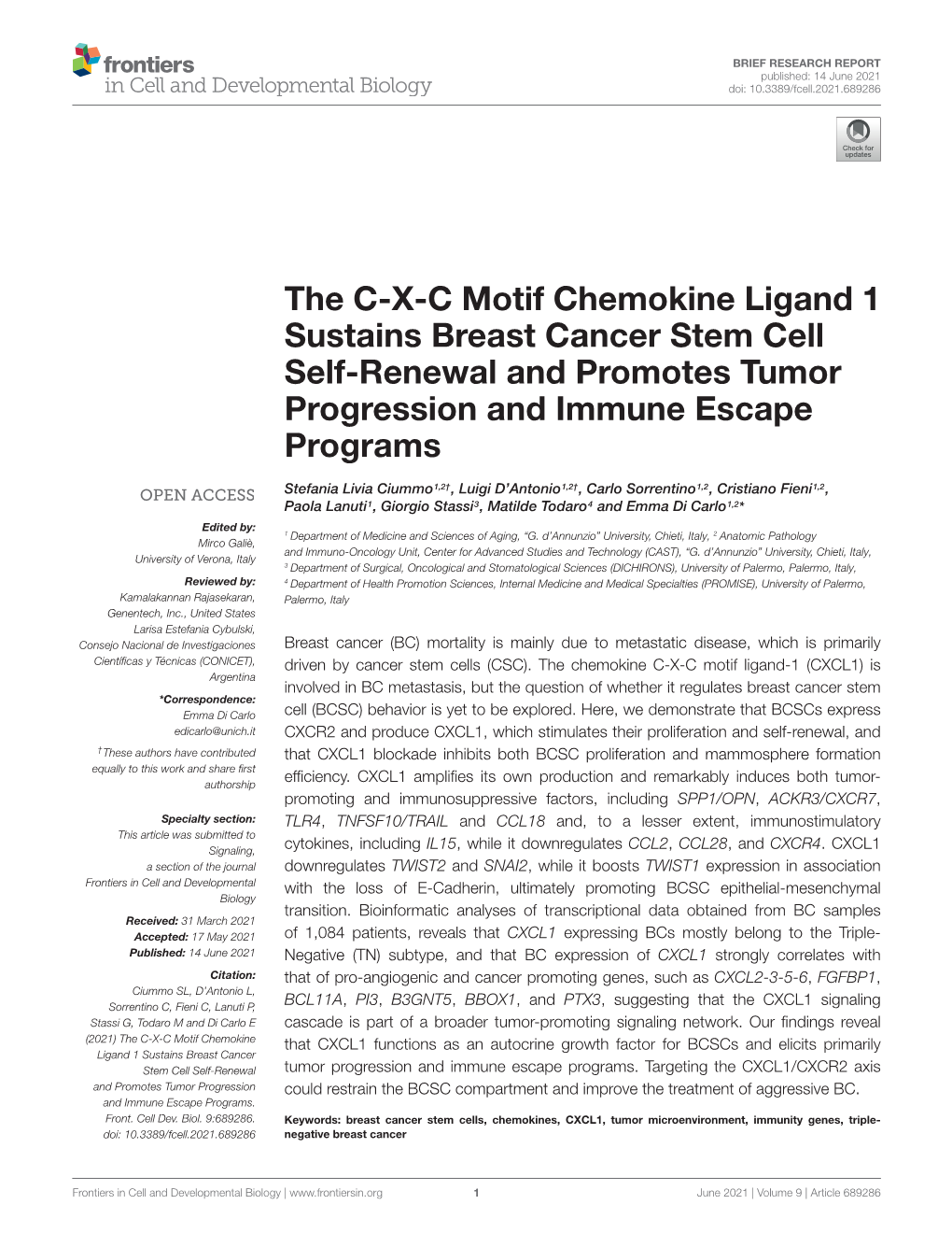 The C-X-C Motif Chemokine Ligand 1 Sustains Breast Cancer Stem Cell Self-Renewal and Promotes Tumor Progression and Immune Escape Programs