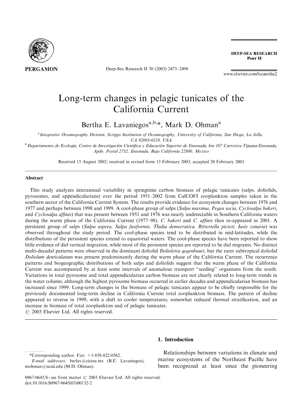 Long-Term Changes in Pelagic Tunicates of the California Current