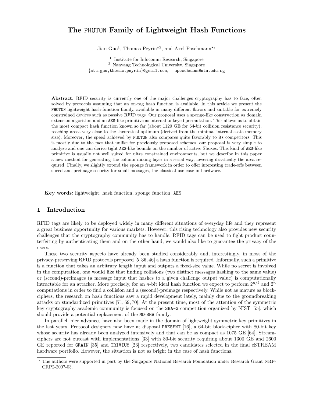 The PHOTON Family of Lightweight Hash Functions