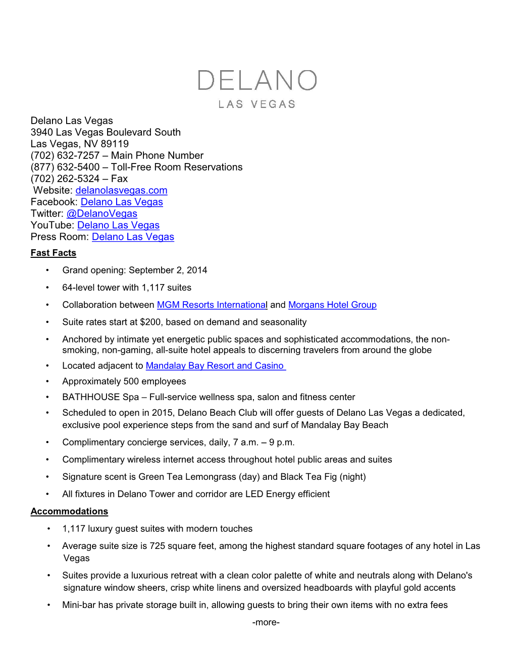 Delano Las Vegas Fact Sheet