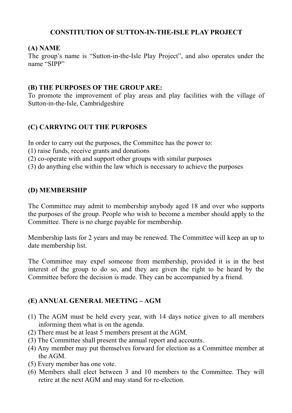 Constitution of Sutton-In-The-Isle Play Project