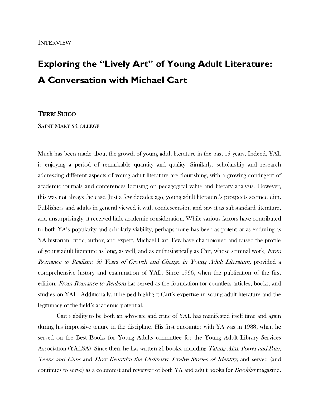 “Lively Art” of Young Adult Literature: a Conversation with Michael Cart