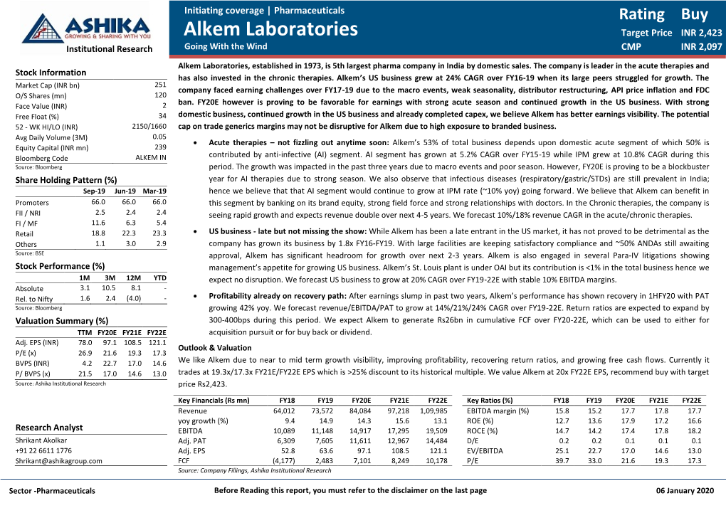 Alkem Laboratories Target Price INR 2,423 Institutional Research Going with the Wind CMP INR 2,097