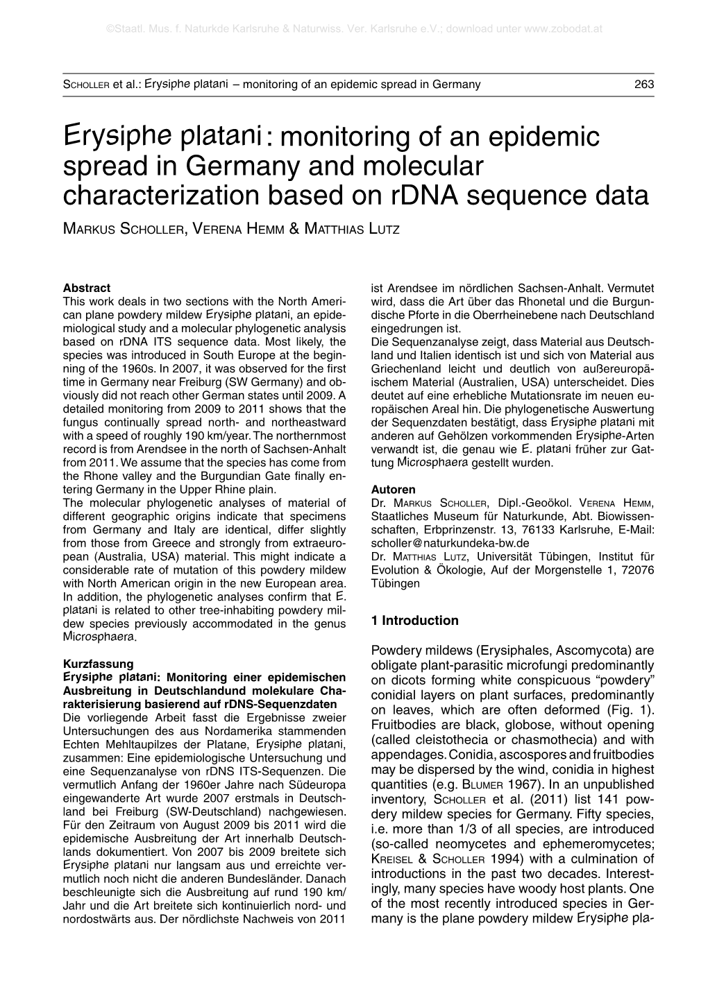 Erysiphe Platani : Monitoring of an Epidemic Spread in Germany and Molecular Characterization Based on Rdna Sequence Data