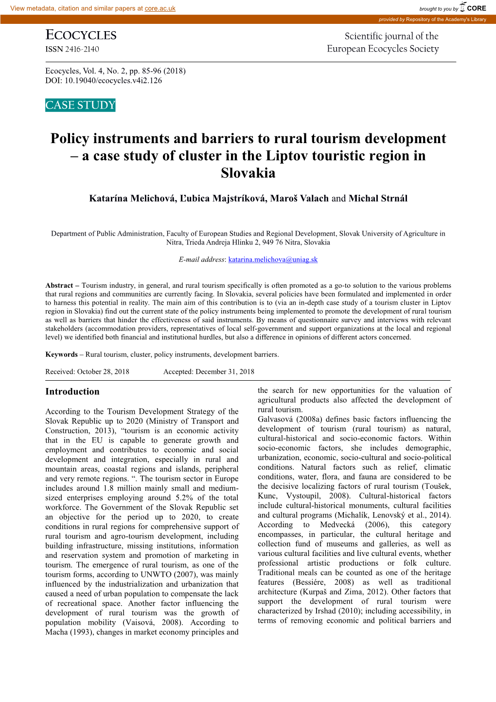 Policy Instruments and Barriers to Rural Tourism Development – a Case Study of Cluster in the Liptov Touristic Region in Slovakia