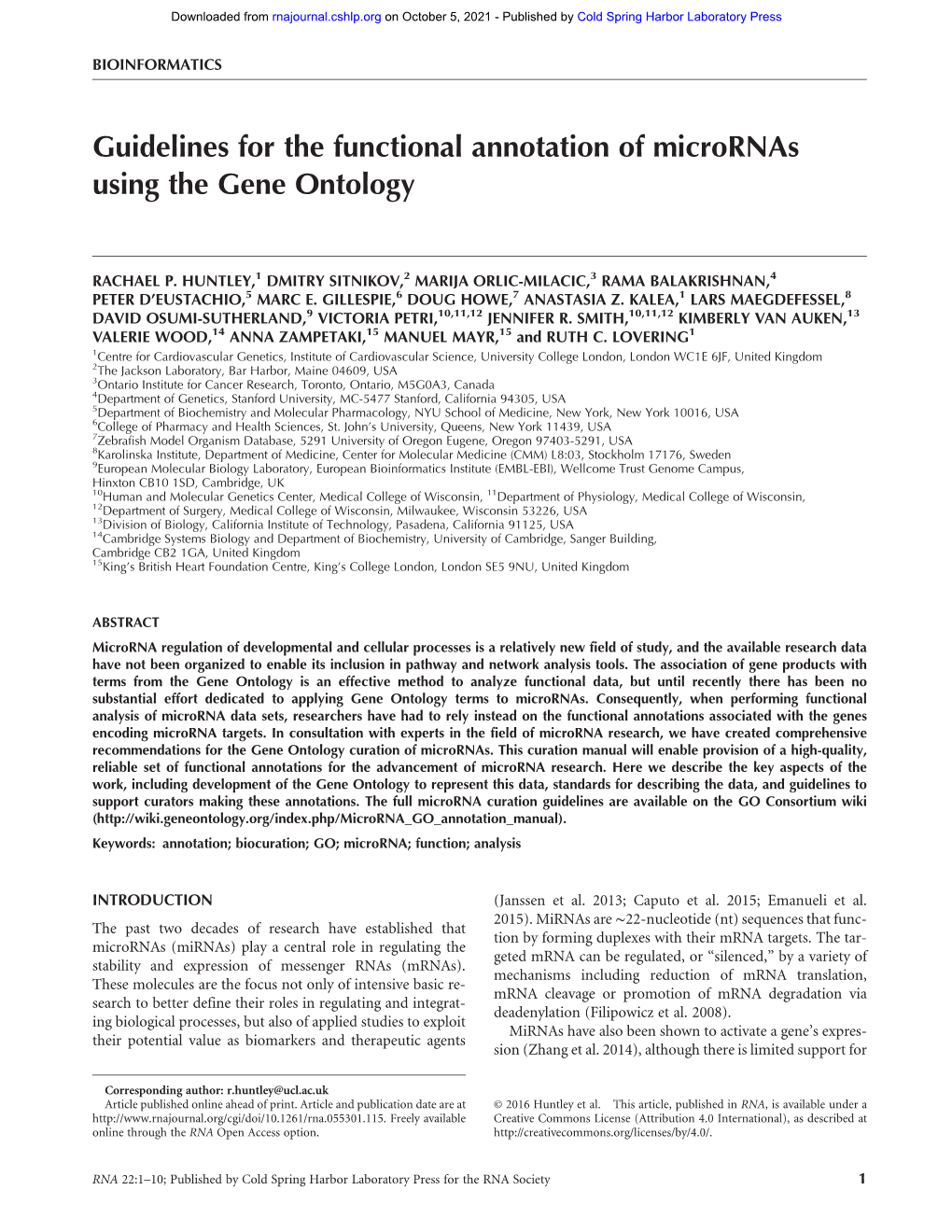 Guidelines for the Functional Annotation of Micrornas Using the Gene Ontology