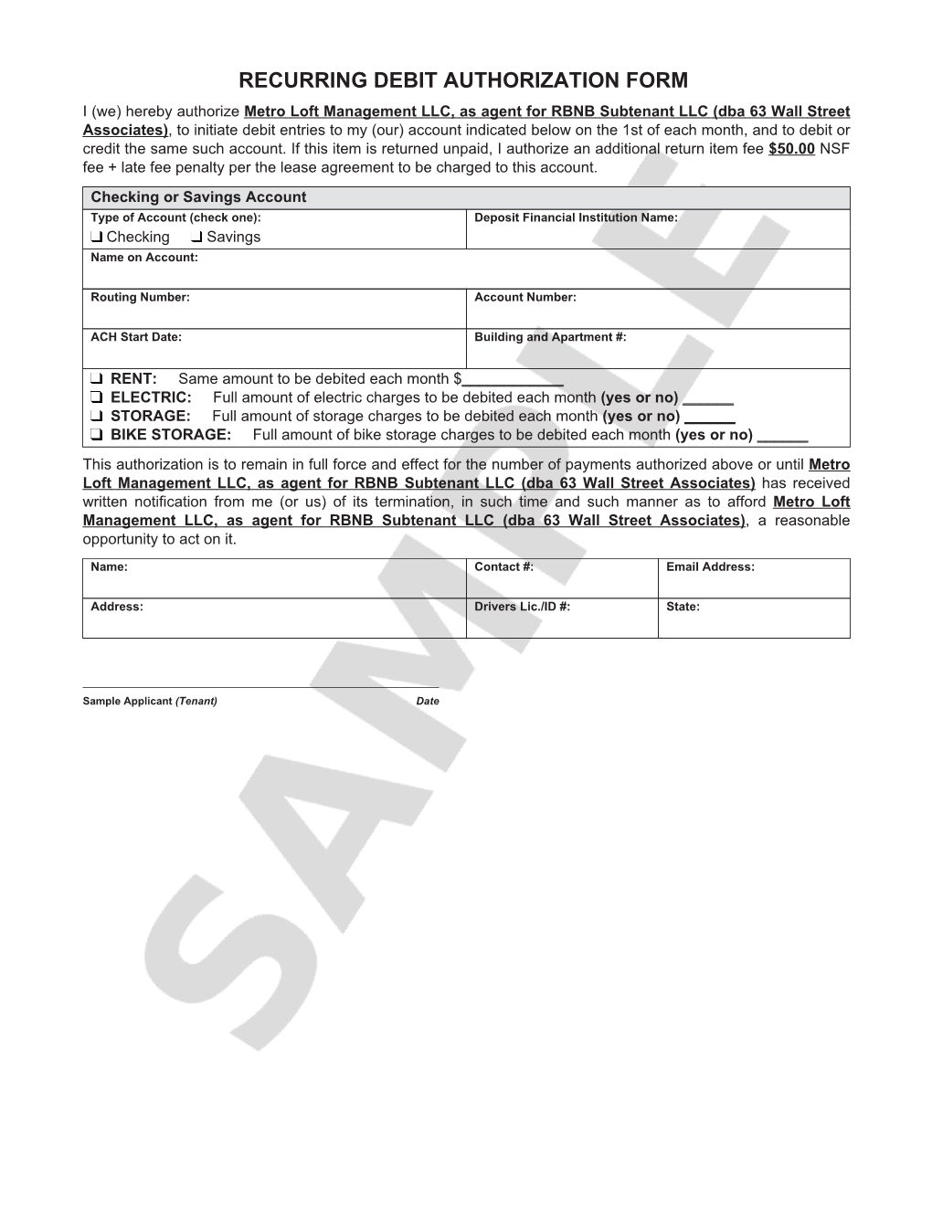 Recurring Debit Authorization Form
