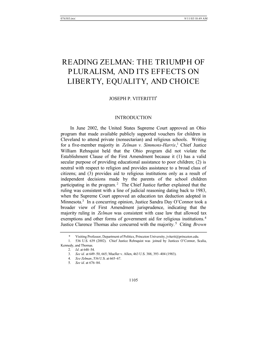 Reading Zelman: the Triumph of Pluralism, and Its Effects on Liberty, Equality, and Choice