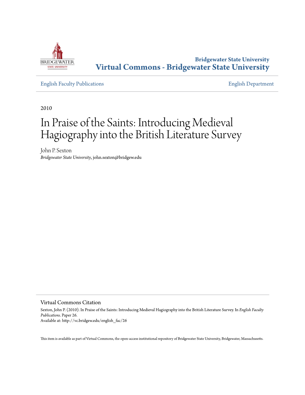 Introducing Medieval Hagiography Into the British Literature Survey John P