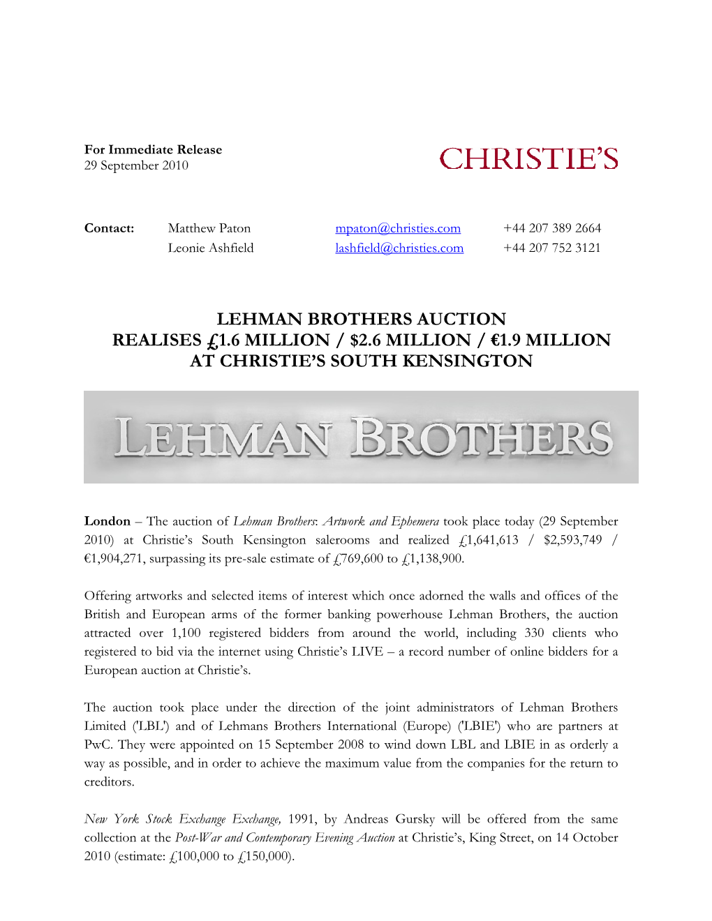 Lehman Brothers Auction Realises £1.6 Million / $2.6 Million / €1.9 Million at Christie’S South Kensington