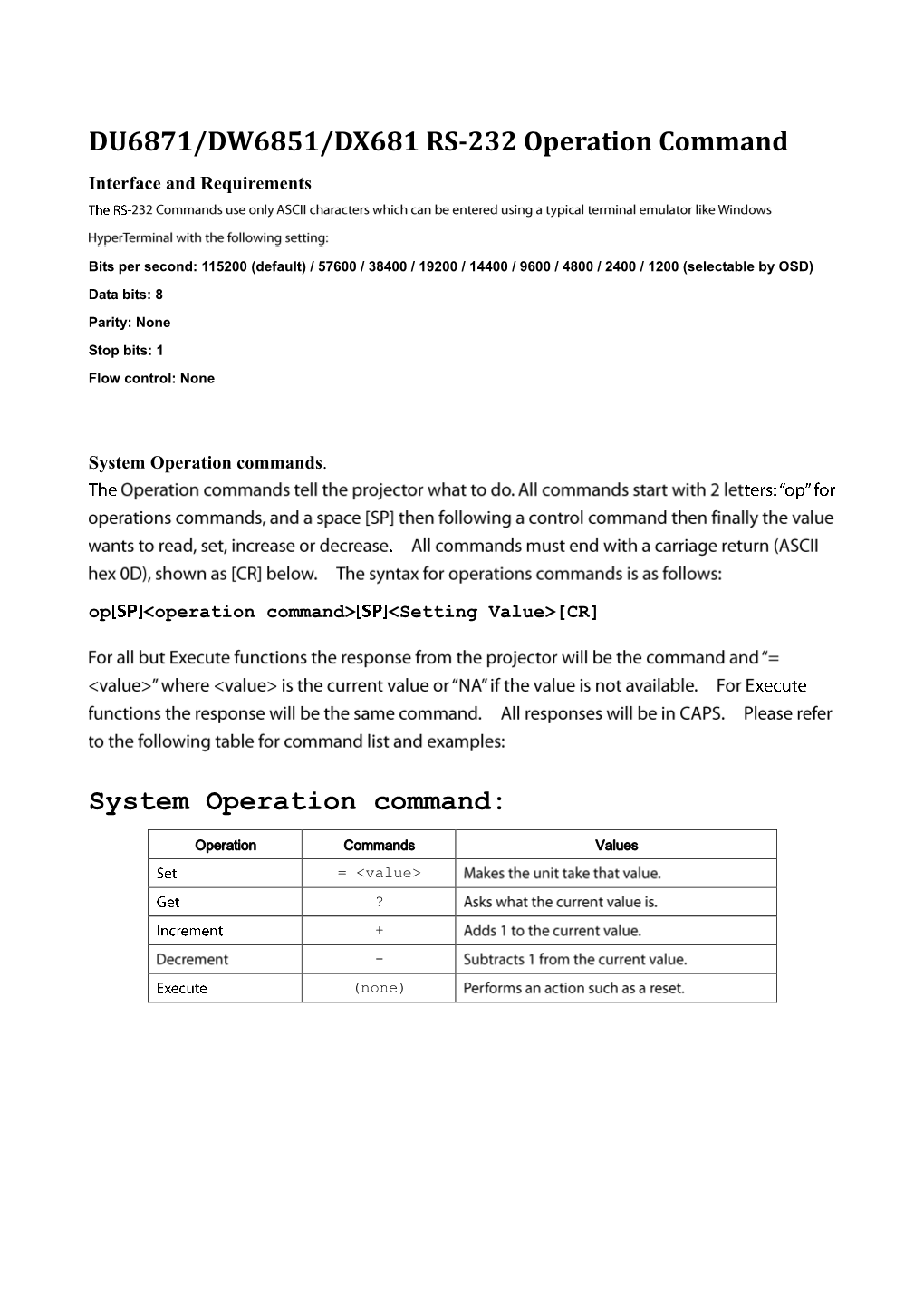 RS-232 Operation Command Interface and Requirements