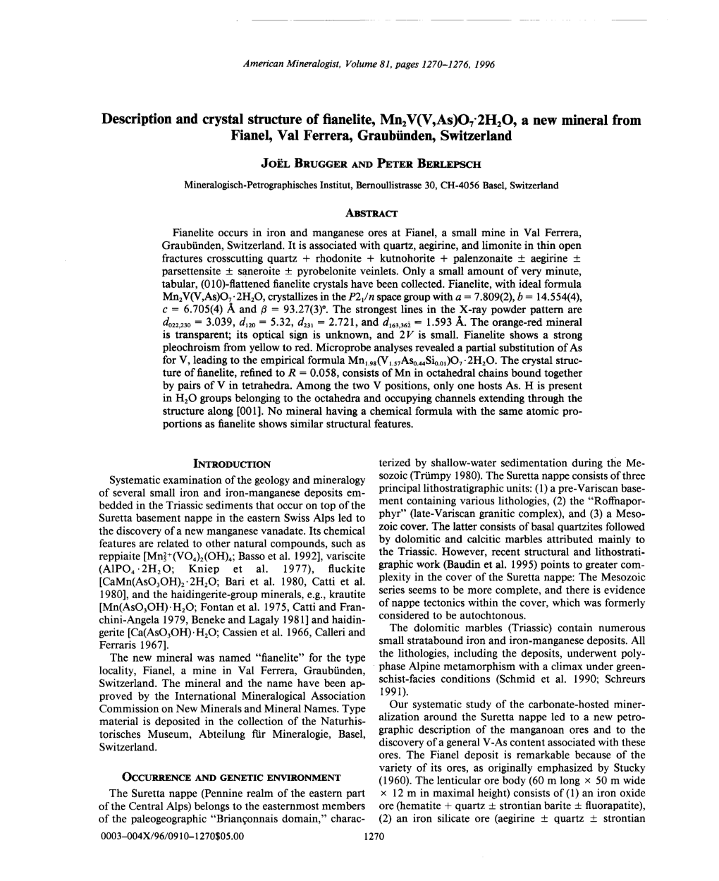 Description and Crystal Structure of Fianelite, Mn2v(V,As)Oi2h20, a New Mineral from Fianel, Val Ferrera, Graubiinden, Switzerland