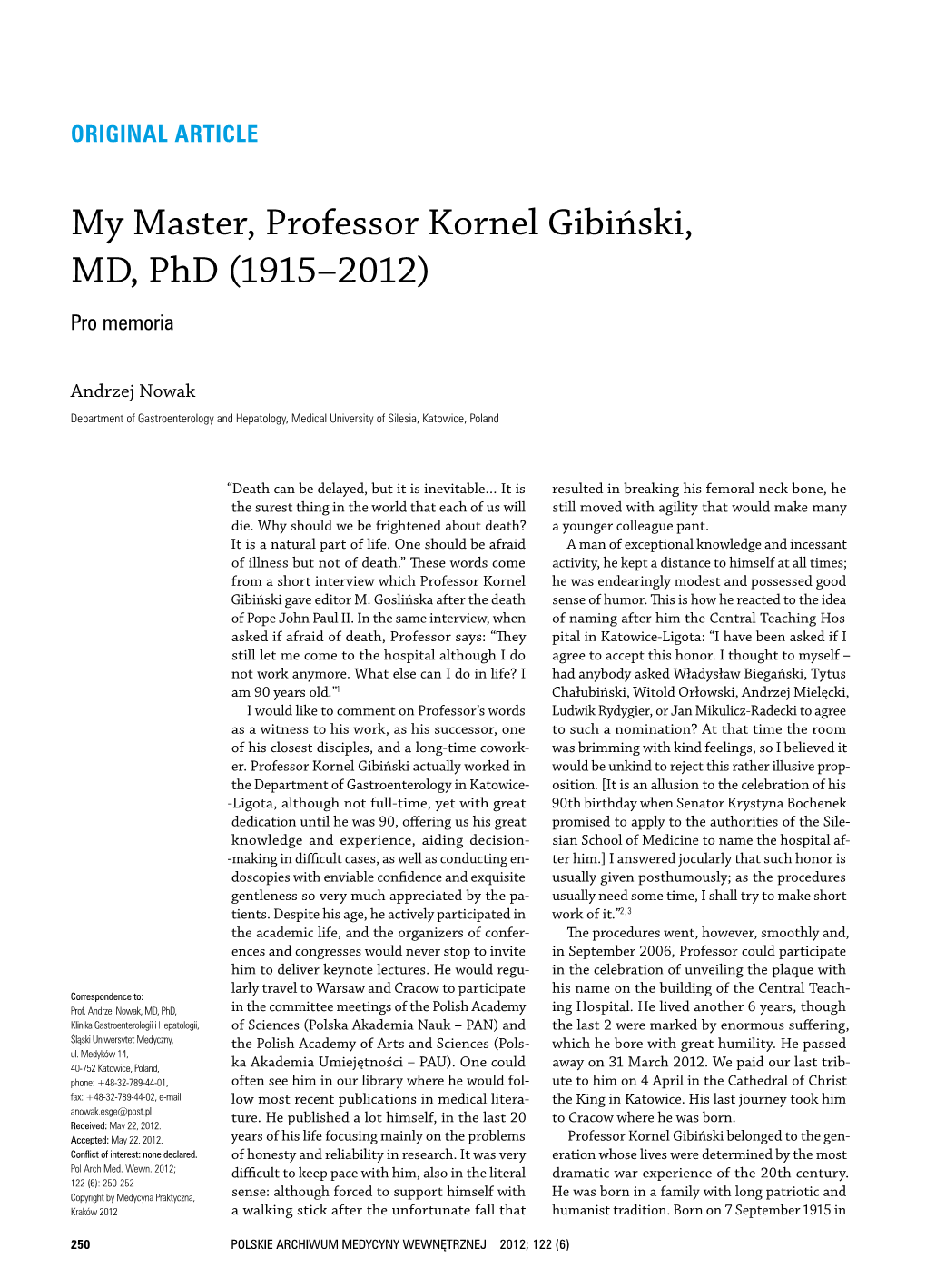 My Master, Professor Kornel Gibiński, MD, Phd (1915–2012) Pro Memoria