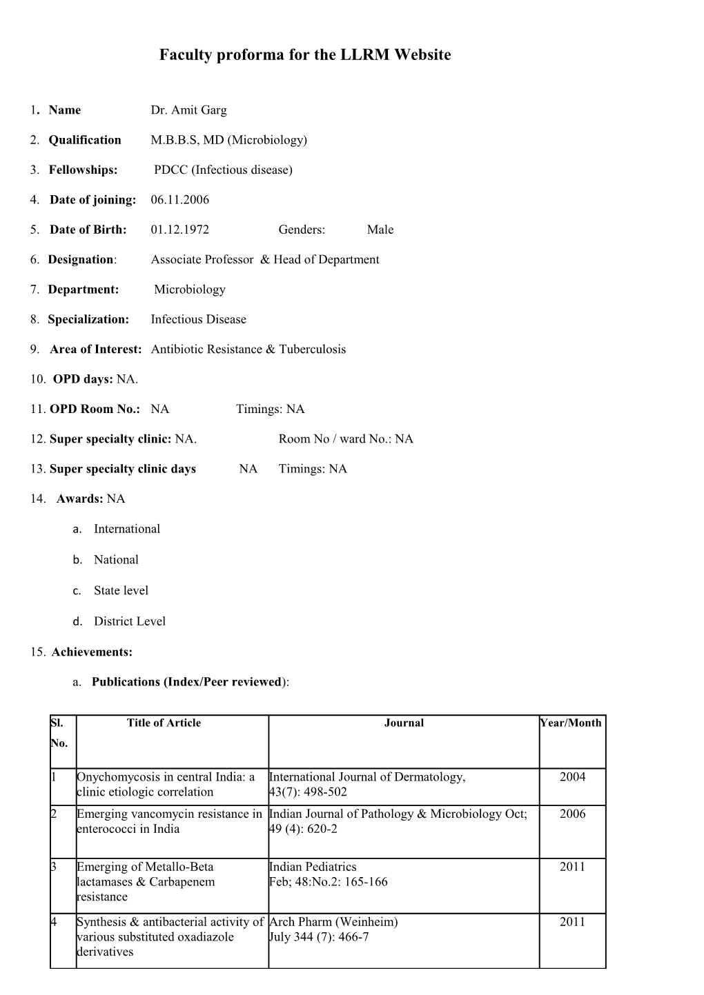 Faculty Proforma for the LLRM Website