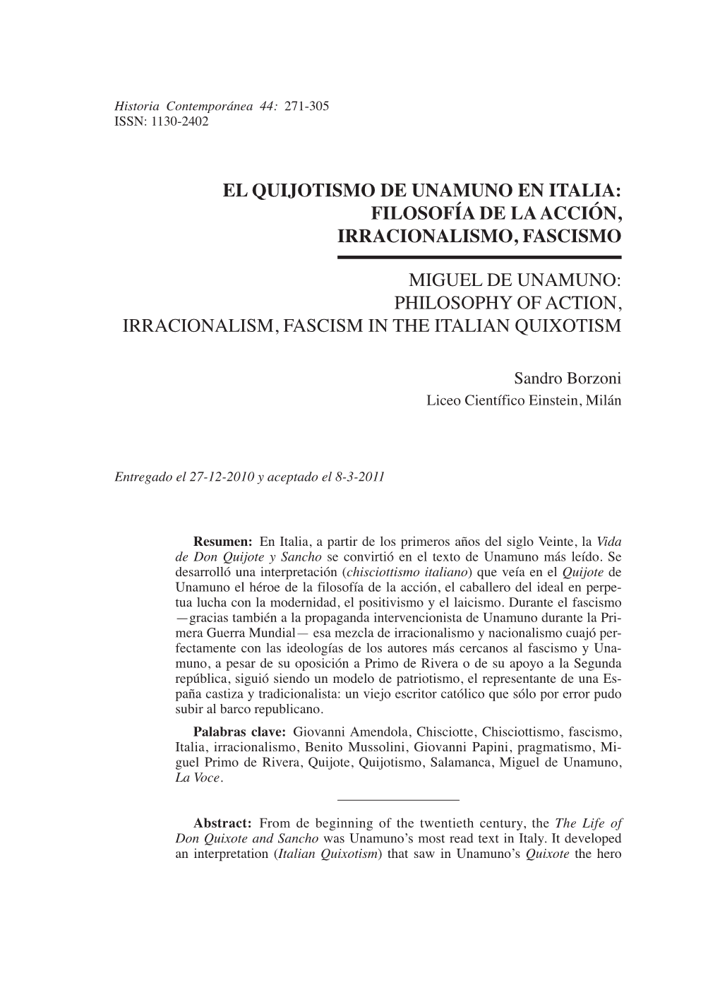 El Quijotismo De Unamuno En Italia: Filosofía De La Acción, Irracionalismo, Fascismo