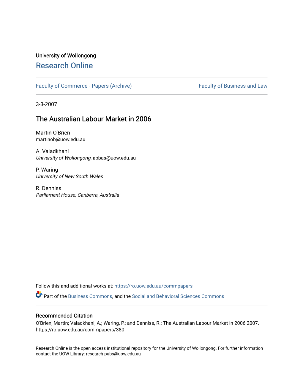 The Australian Labour Market in 2006