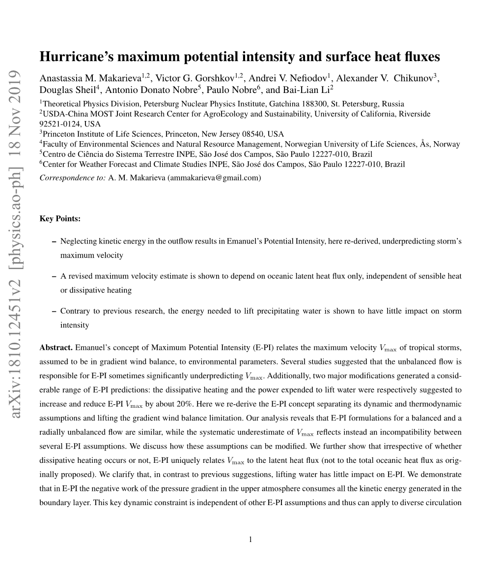 Hurricane's Maximum Potential Intensity and Surface Heat Fluxes
