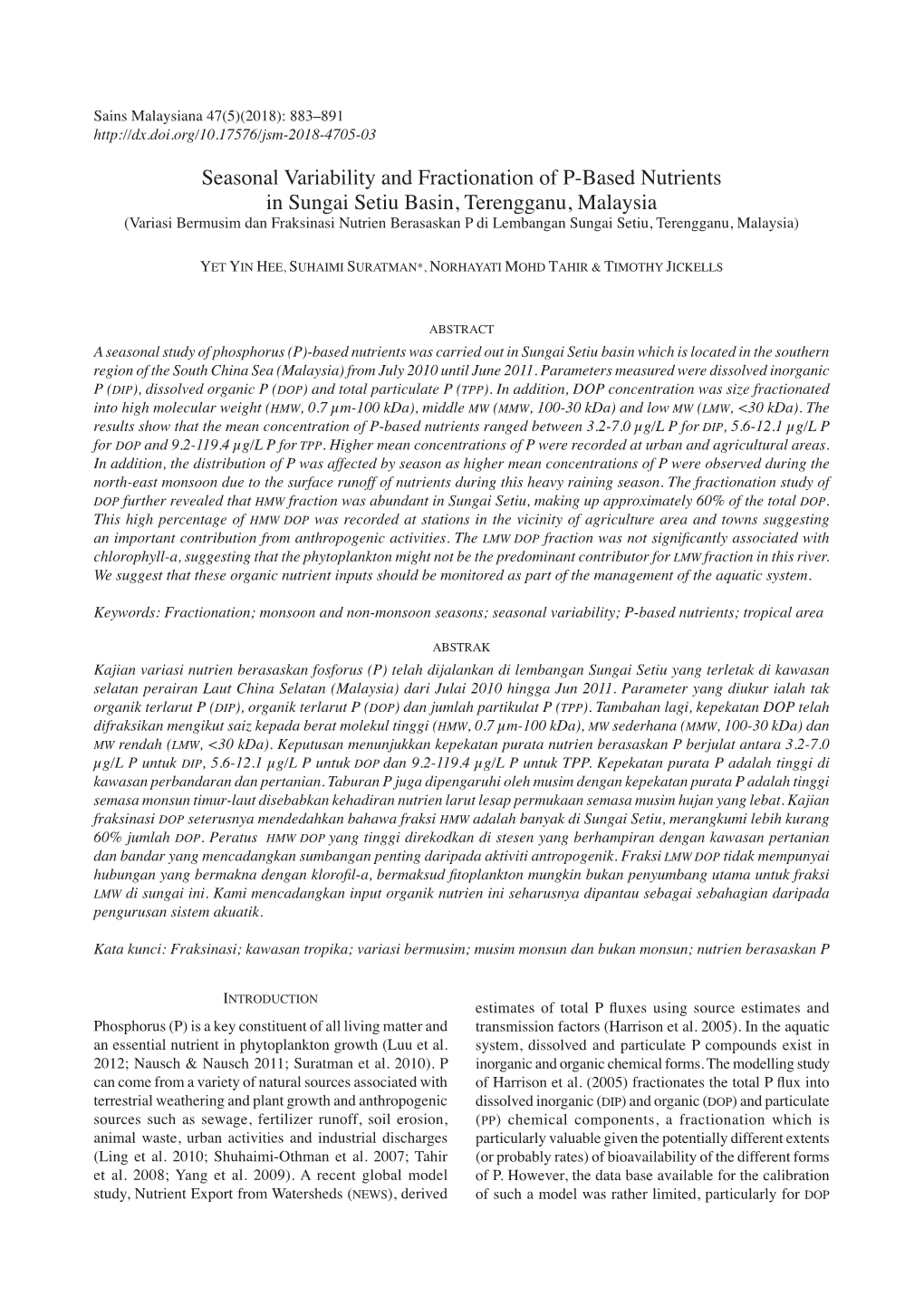 Seasonal Variability and Fractionation of P-Based Nutrients in Sungai