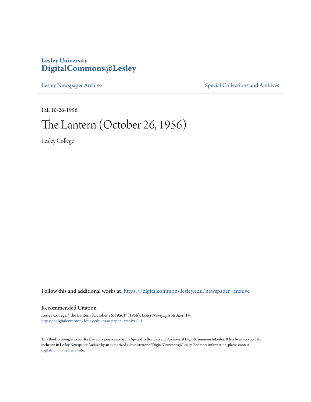 The Lantern (October 26, 1956) Lesley College