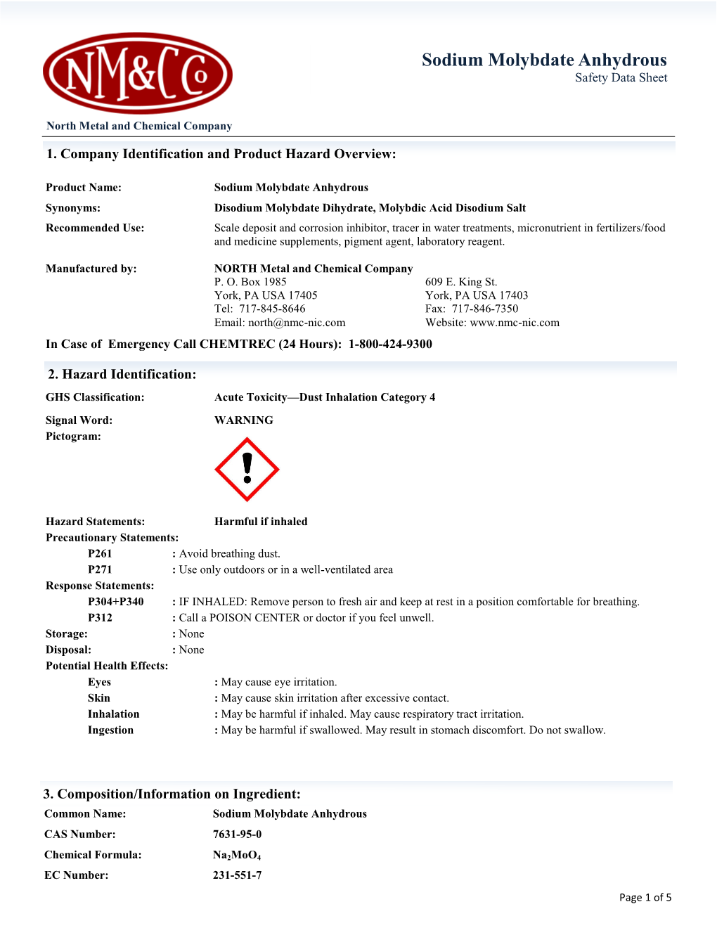 Sodium Molybdate Anhydrous Safety Data Sheet