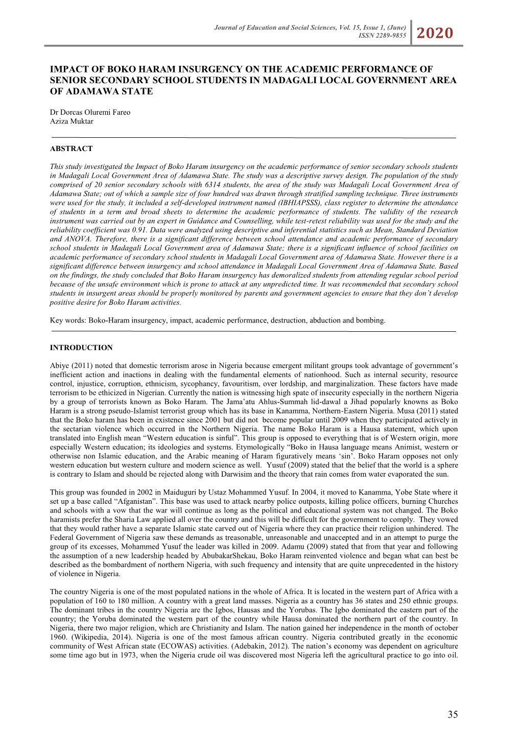 Impact of Boko Haram Insurgency on the Academic Performance of Senior Secondary School Students in Madagali Local Government Area of Adamawa State