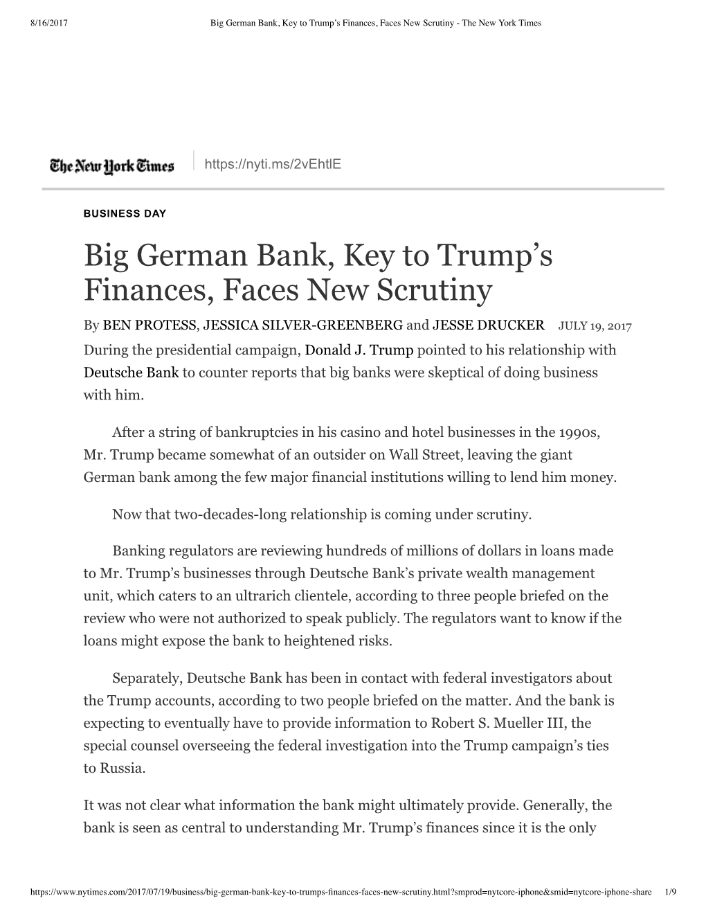 Big German Bank, Key to Trump's Finances, Faces New Scrutiny