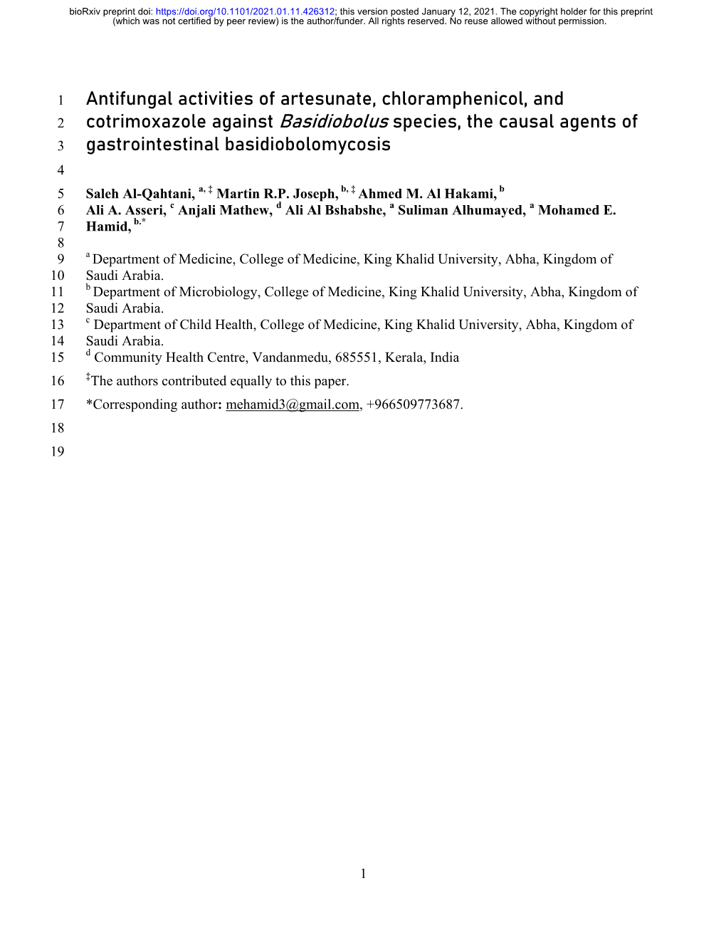 Antifungal Activities of Artesunate, Chloramphenicol, And