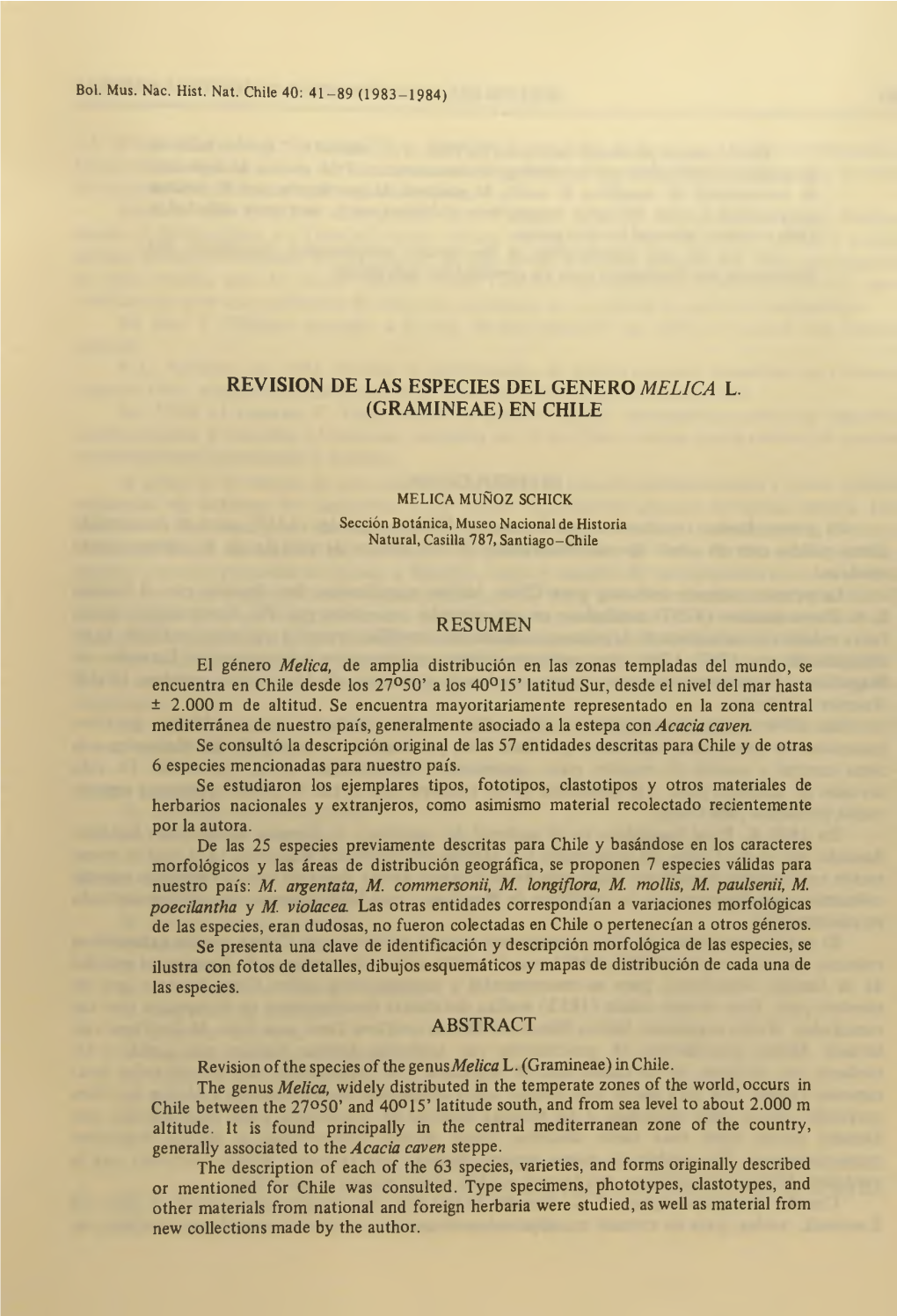 Revision De Las Especies Del Genero Melica L. (Gramineae) En Chile