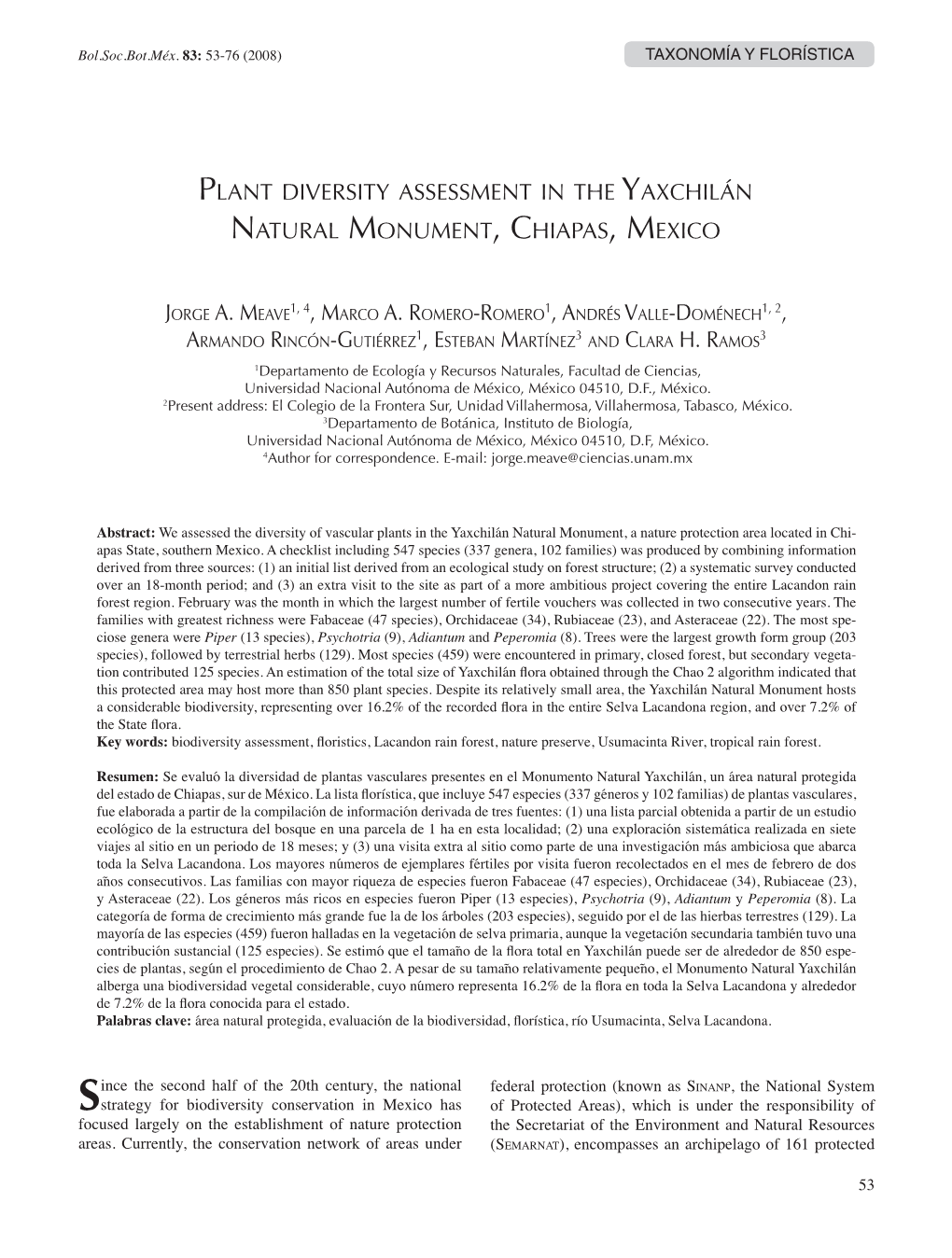 Plant Diversity Assessment in the Yaxchilán Natural