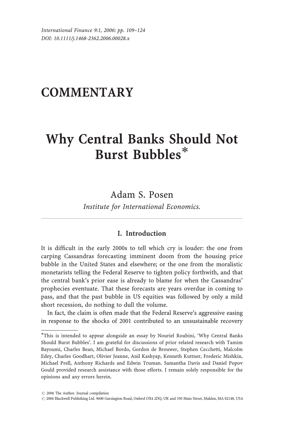 Why Central Banks Should Not Burst Bubbles*