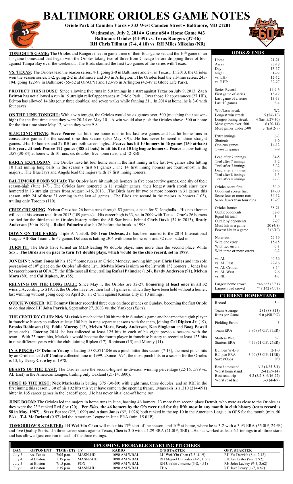 BALTIMORE ORIOLES GAME NOTES Oriole Park at Camden Yards  333 West Camden Street  Baltimore, MD 21201