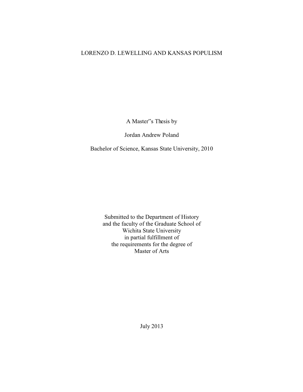 Lorenzo D. Lewelling and Kansas Populism