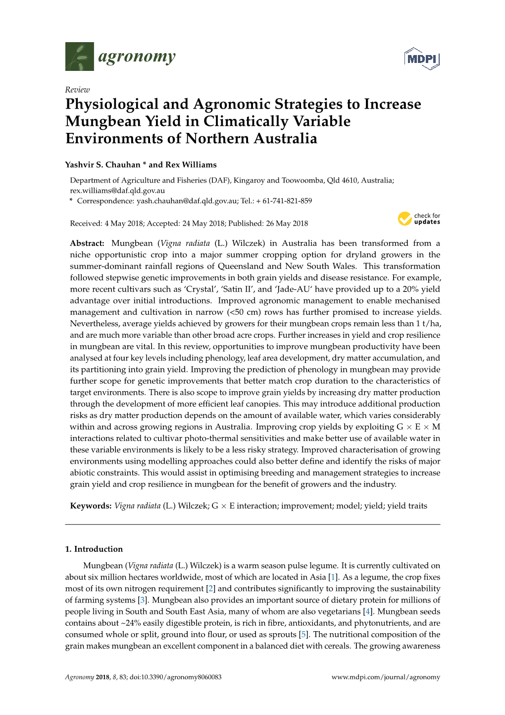 Physiological and Agronomic Strategies to Increase Mungbean Yield in Climatically Variable Environments of Northern Australia