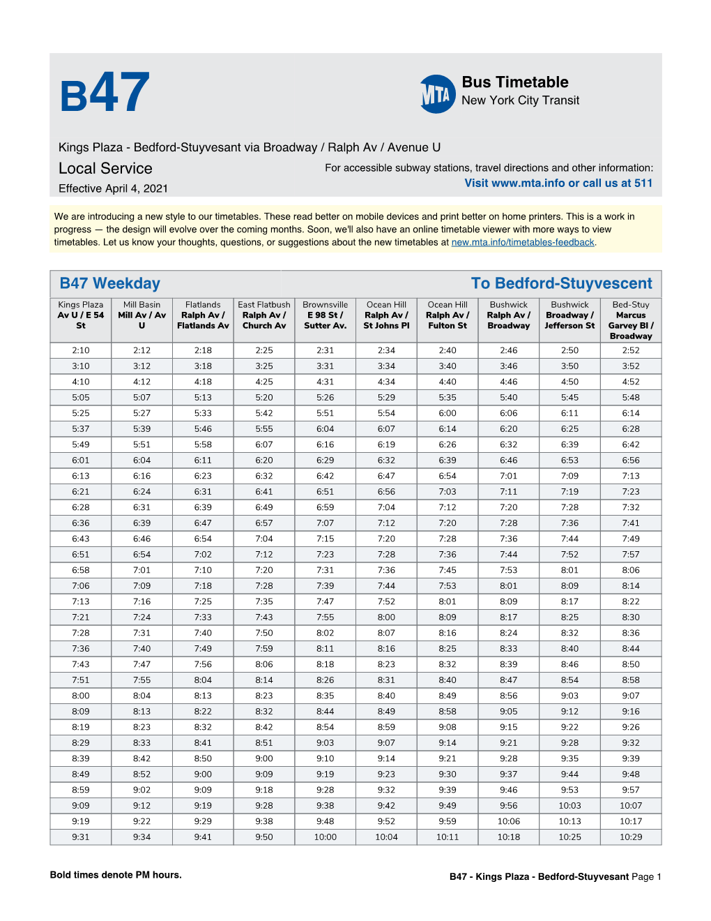 MTA B47 Bus Timetable