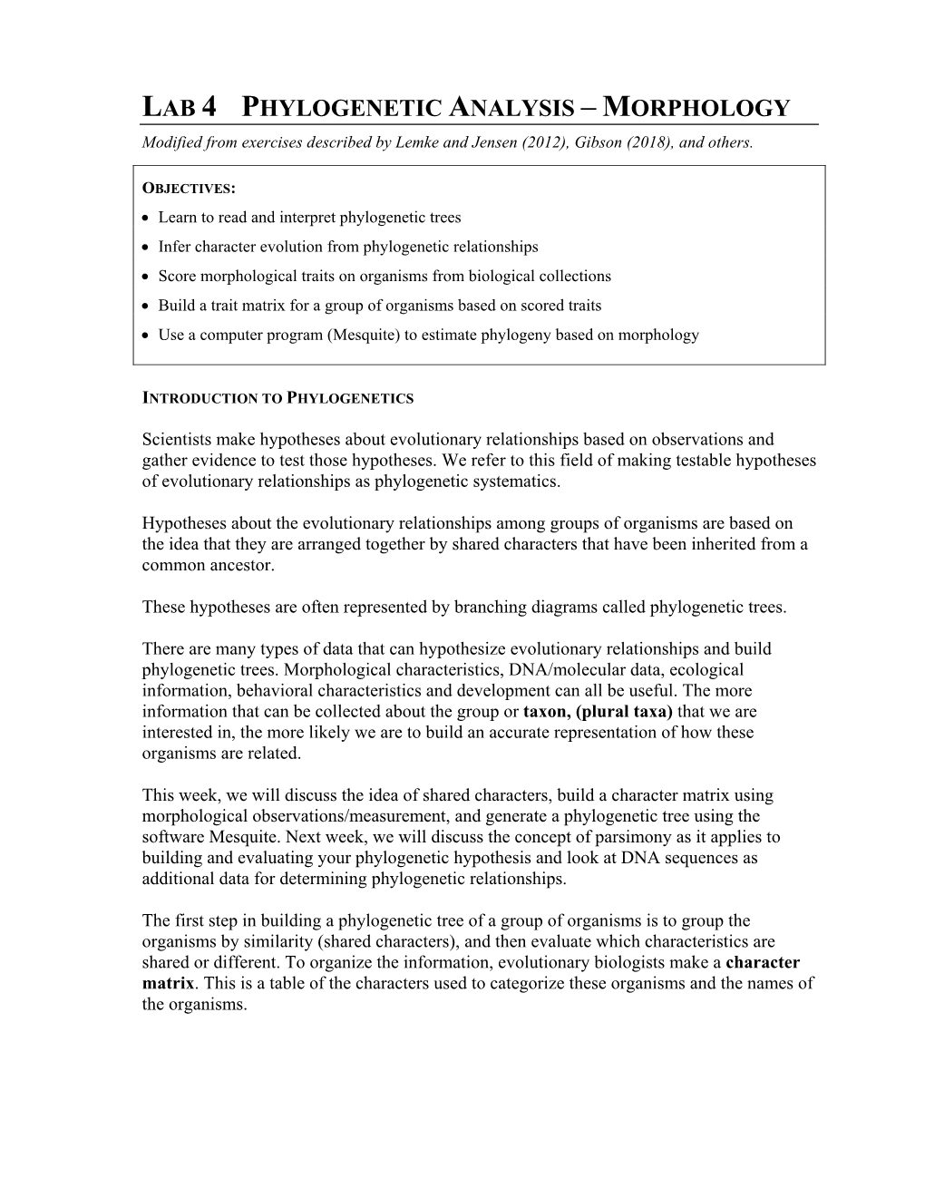 Lab 4 Phylogenetic Analysis – Morphology