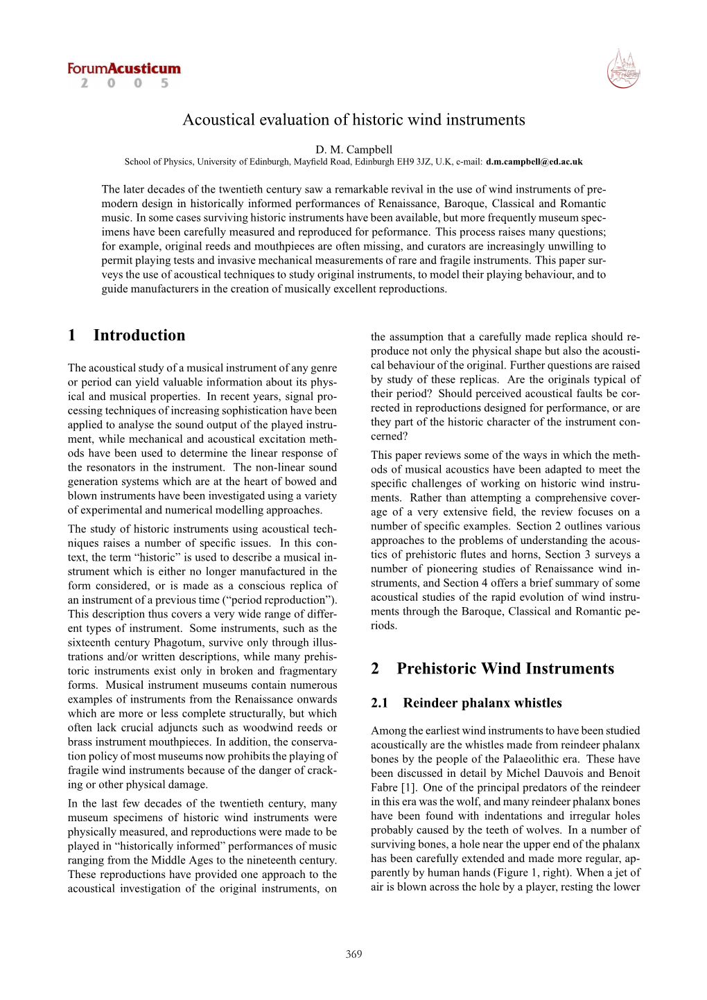 Acoustical Evaluation of Historic Wind Instruments 1 Introduction 2