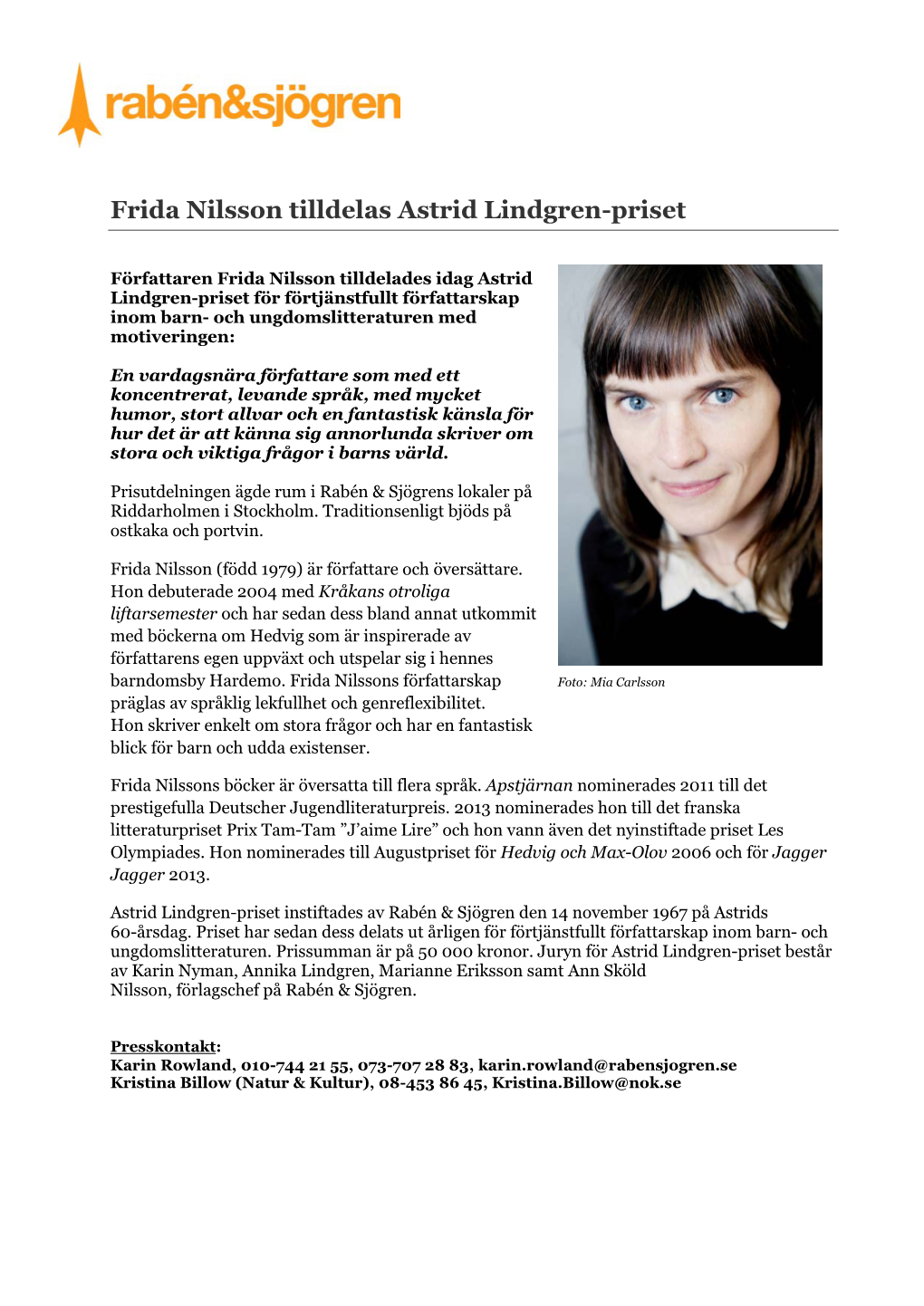 Frida Nilsson Tilldelas Astrid Lindgren-Priset