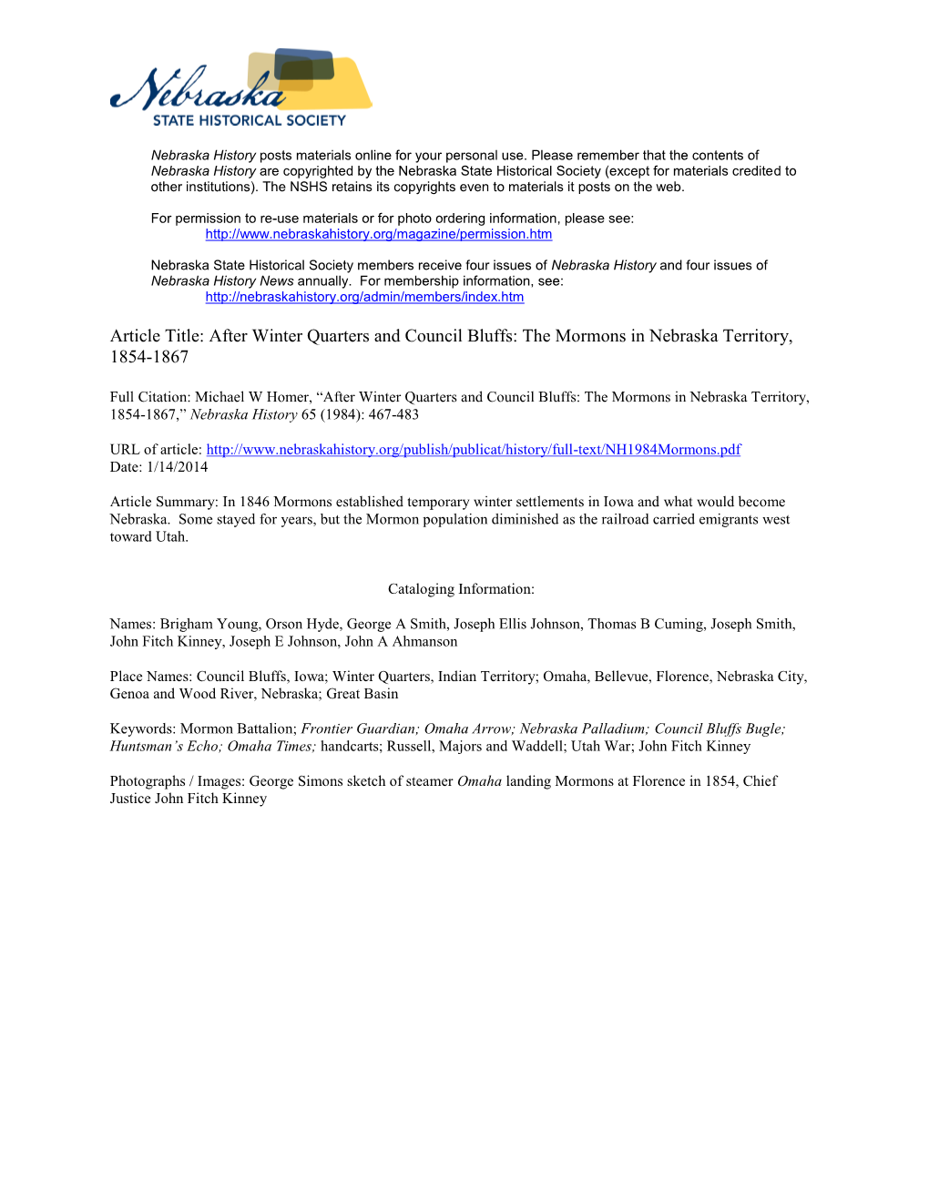 Article Title: After Winter Quarters and Council Bluffs: the Mormons in Nebraska Territory, 1854-1867