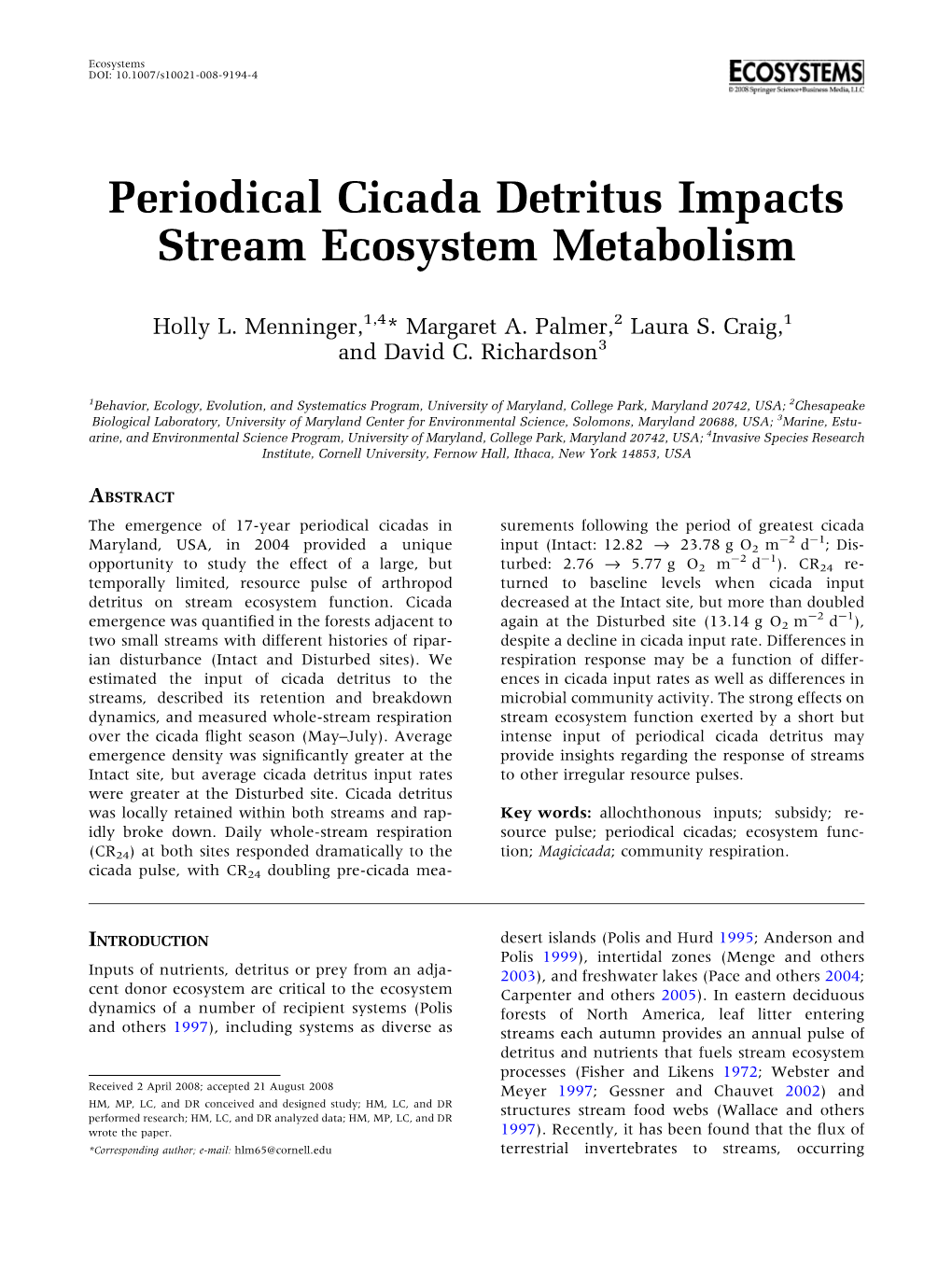 Periodical Cicada Detritus Impacts Stream Ecosystem Metabolism