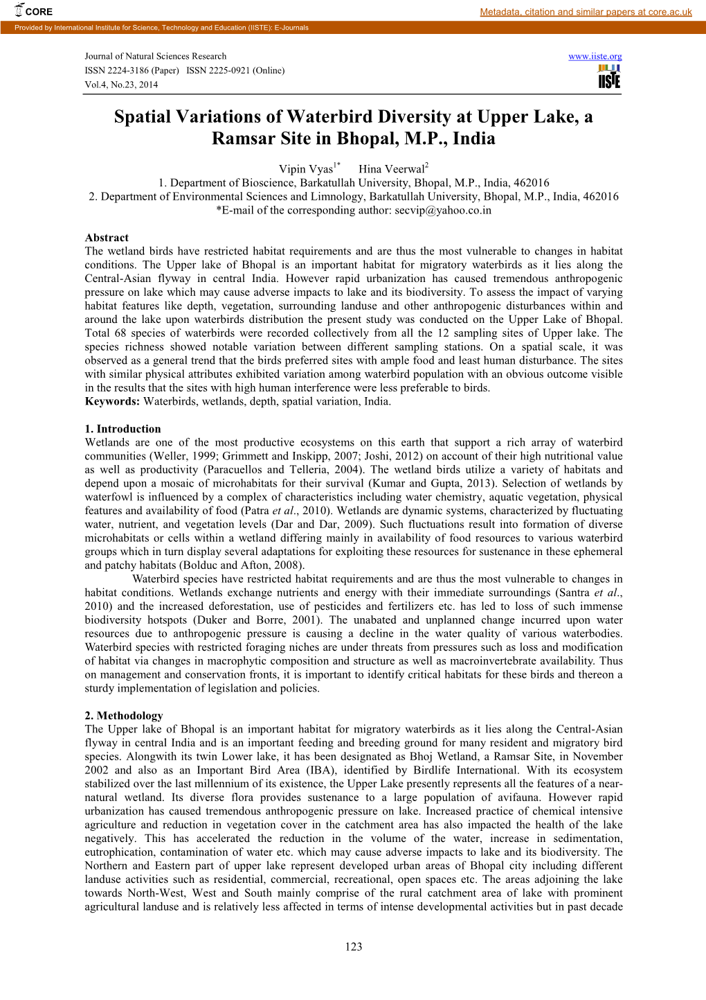 Spatial Variations of Waterbird Diversity at Upper Lake, a Ramsar Site in Bhopal, M.P., India