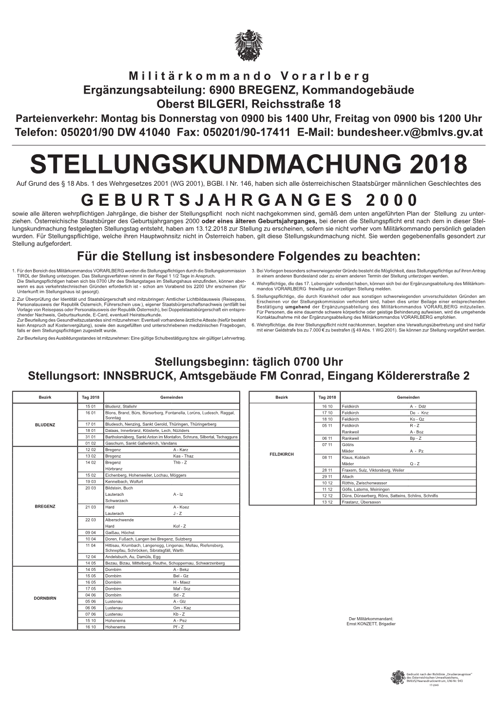 STELLUNGSKUNDMACHUNG 2018 Auf Grund Des § 18 Abs