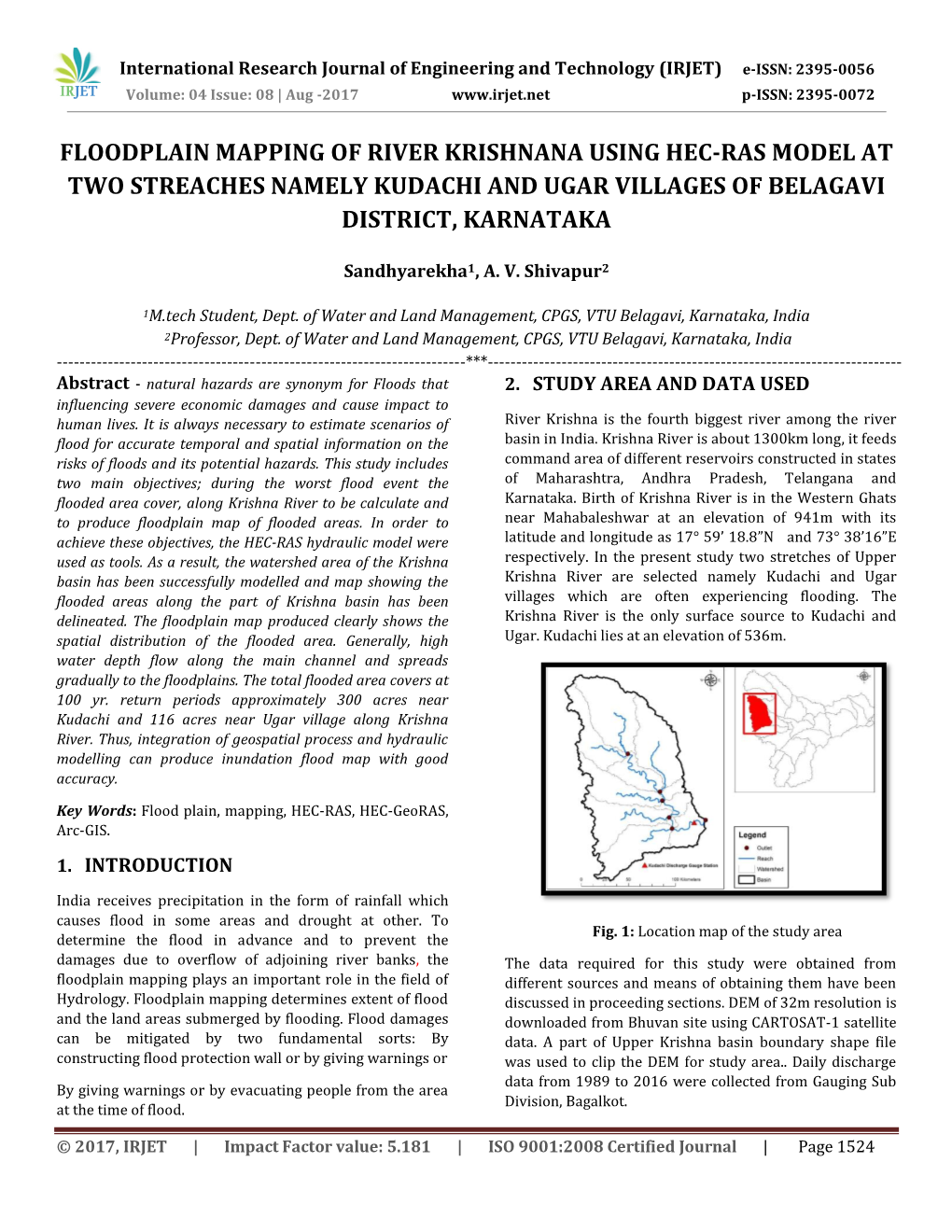 Floodplain Mapping of River Krishnana Using Hec-Ras Model at Two Streaches Namely Kudachi and Ugar Villages of Belagavi District, Karnataka