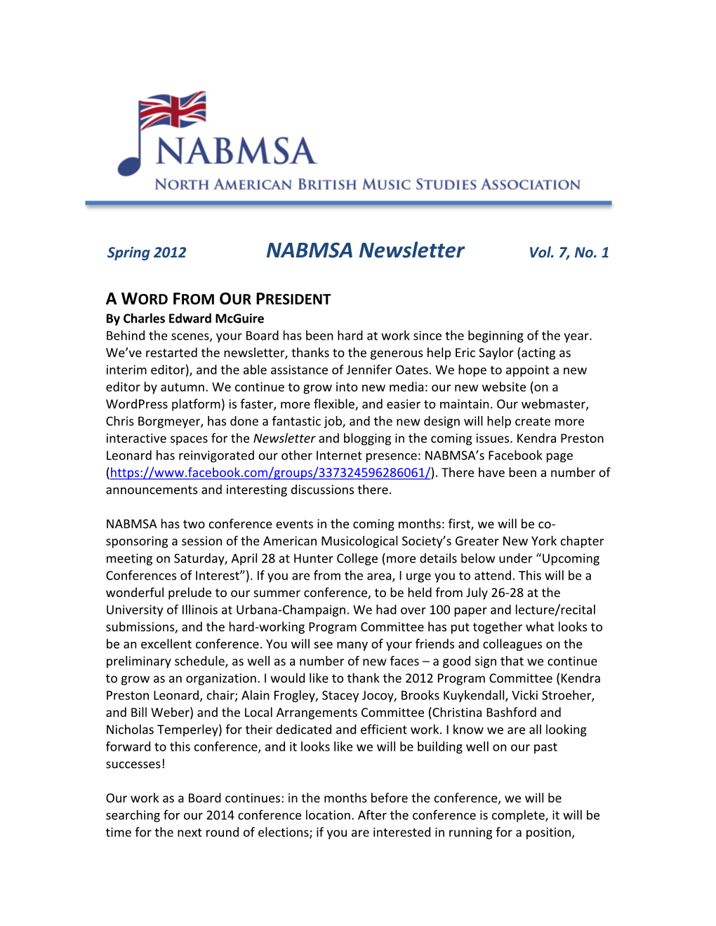 Spring 2012 NABMSA Newsletter Vol